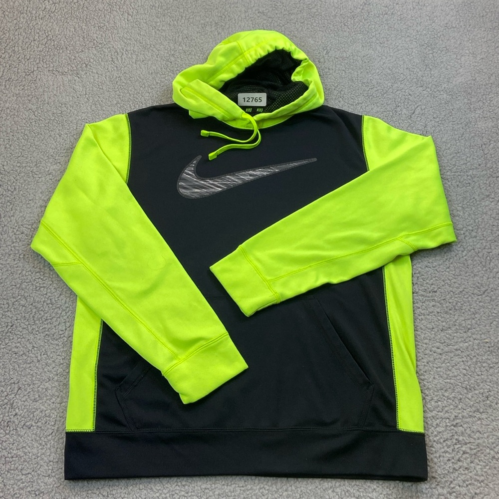 Nike Hoodie Mens Small Therma Fit Sweatshirt Yellow Black Swoosh Logo